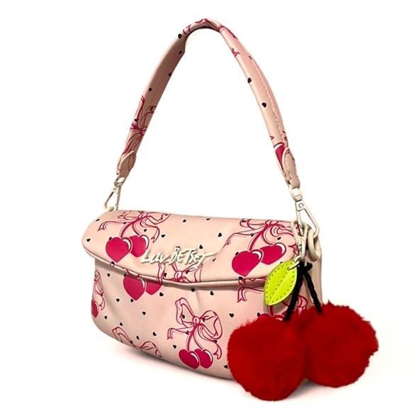 Betsey Johnson Cherry Berry Bow Pom
Top Handle Satchel Bag Crossbody Puffer - Picture 1 of 8